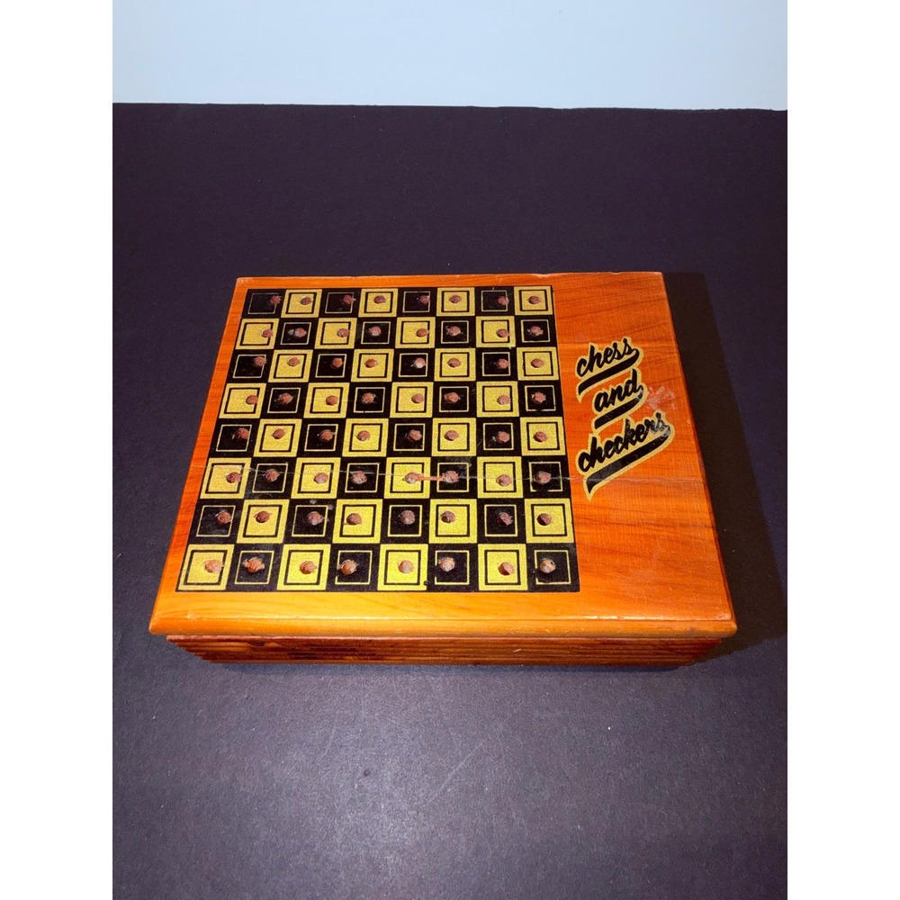 Vintage Wood Chess and Checkers Game Storage Box